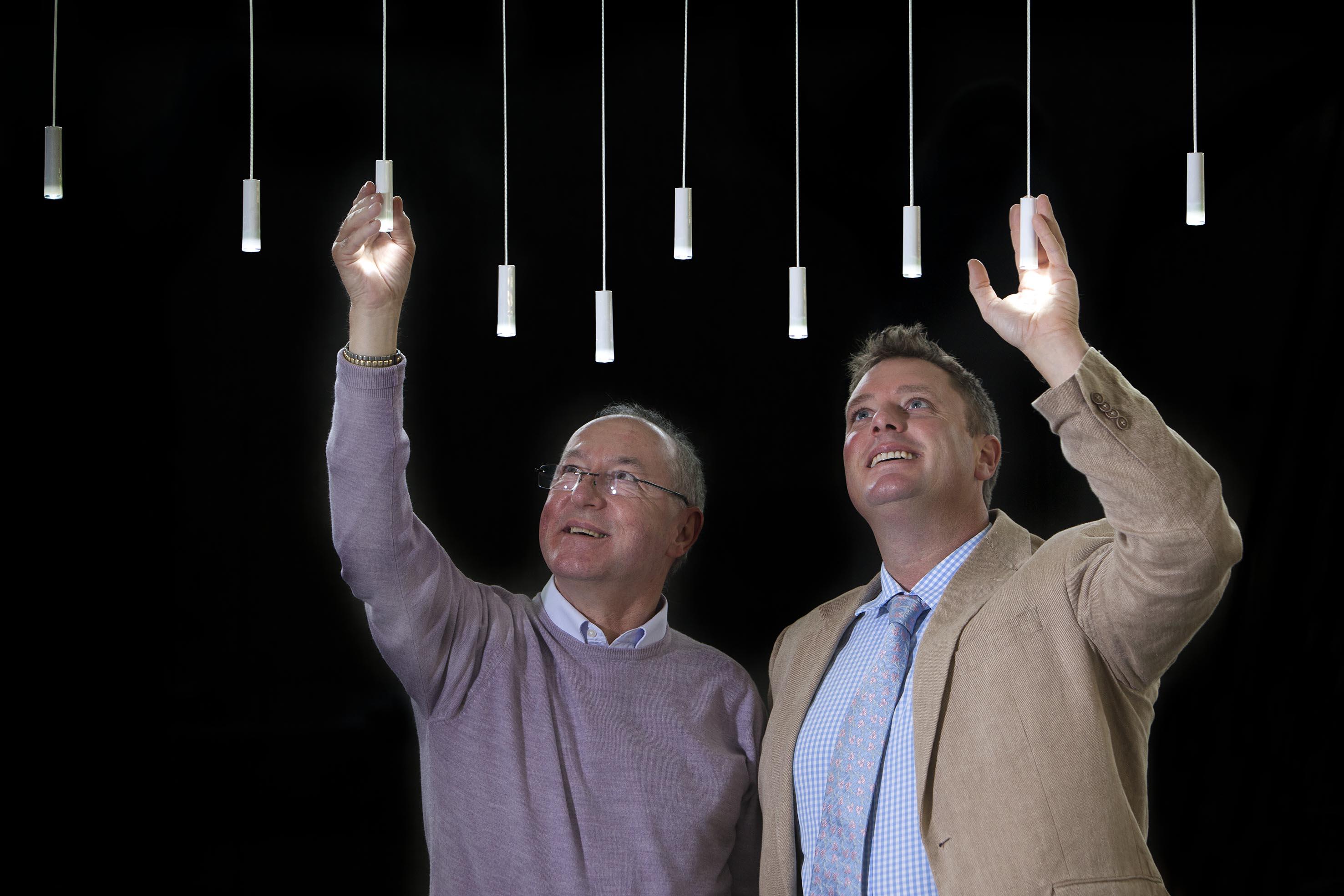 Teddington’s Group sales and marketing director Julian Furbank (r) with Nick Bailey and the Sleeklight touch sensitive LED light-pulls