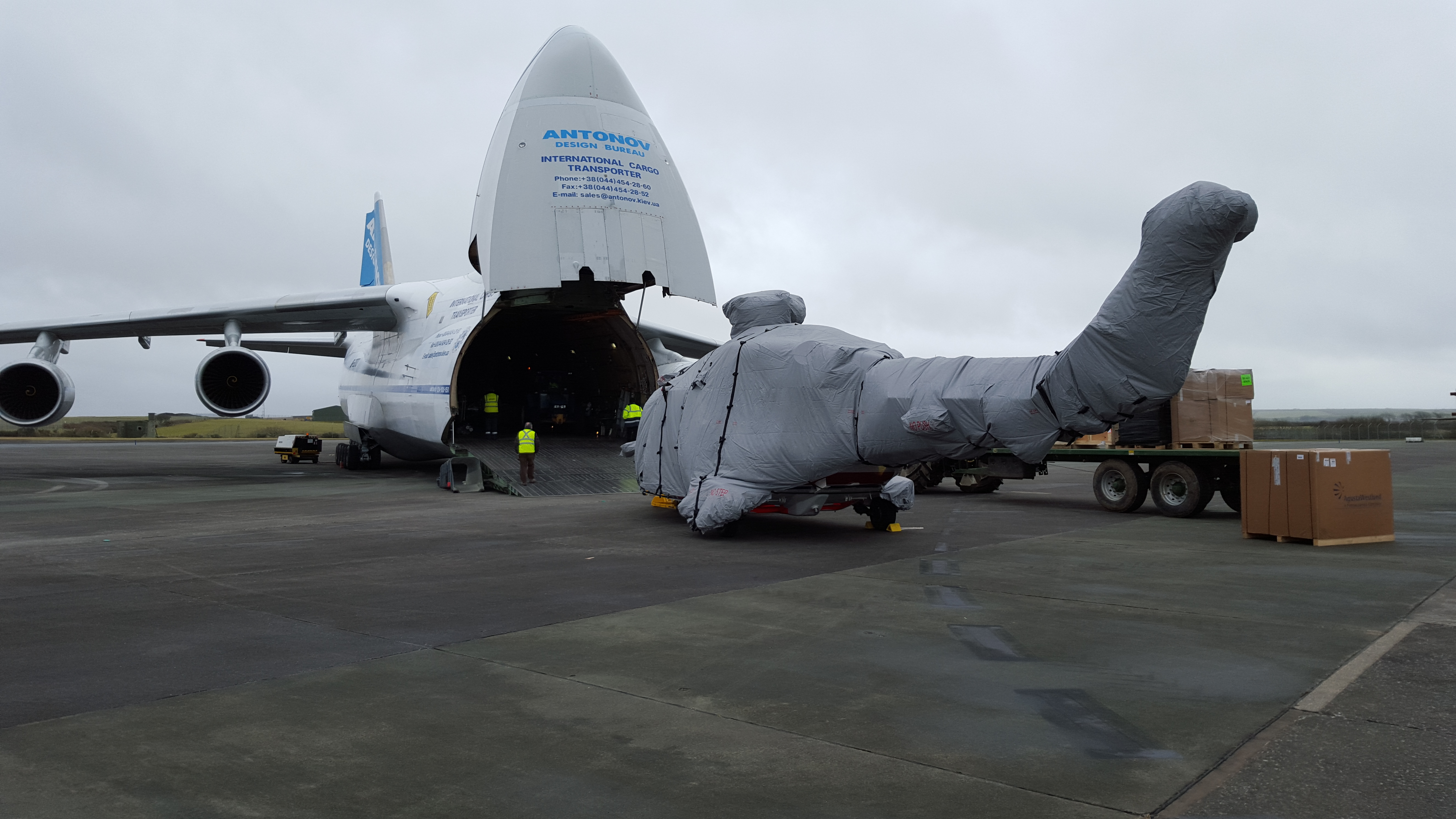 A Team AAR AW189 helicopter being loaded on to a giant Antonov AN124, the largest aircraft ever to land at Newquay